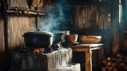 A concept of traditional cooking with a simmering pot on a hearth