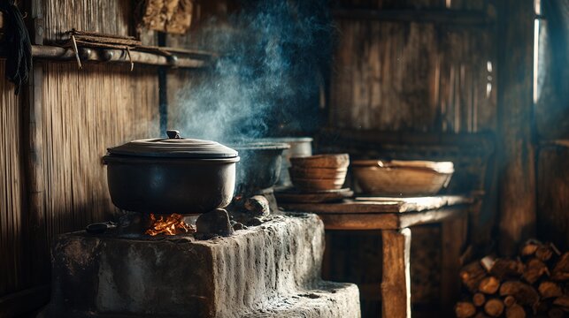 A concept of traditional cooking with a simmering pot on a hearth