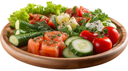 Cold meals and vegetables on wood plate isolated on a white backgroud