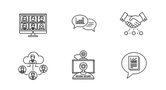 Collection of line icons representing modern business communication, including video conferencing, remote teamwork, and digital data analysis.