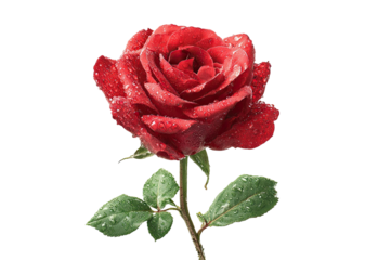 Close-up of a vibrant red rose, covered in water droplets, on a black background.  Petals are detailed, showing deep red tones.  Green leaves and stem are visible