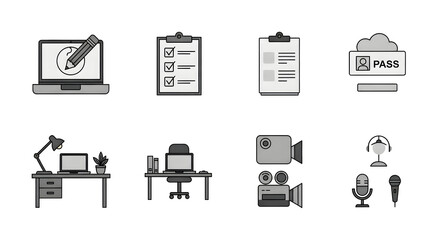 Grayscale icon set for modern business and creative work, including symbols for office workspace, digital design, video, and audio production.