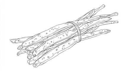 Hand-drawn illustration of a bunch of long, slender, crispy food items, possibly french fries or vegetable sticks, tied with a rubber band