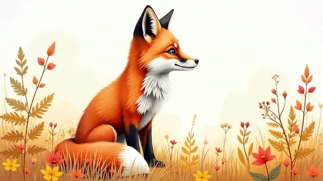 watercolor portrait of a curious fox surrounded by ferns and wildflowers"
