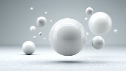A minimalist digital illustration of reflective glossy spheres floating mid air against a monochromatic grey background 