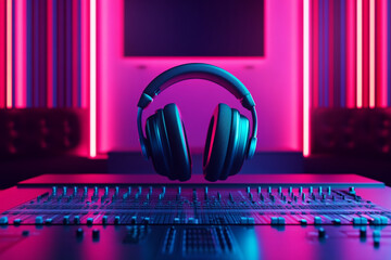 Professional headphones on mixing console in neon lit music studio