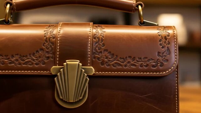 Elegant vintage leather briefcase with intricate floral embossing and antique brass clasp