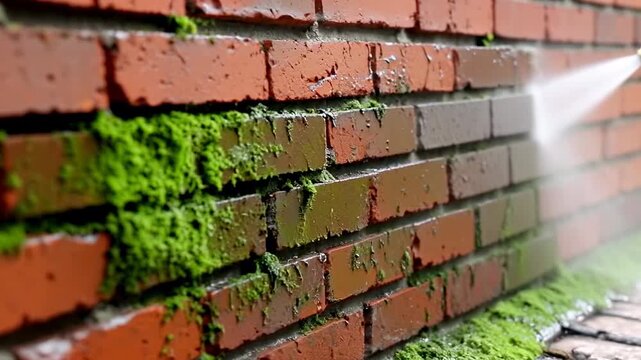 Cleaning moss from brick wall with pressure washer