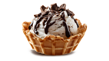 Creamy and chocolate ice cream in a waffle cup isolated on a white background
