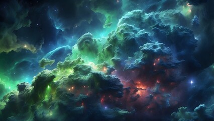 A mysterious space cloud with glowing green and blue hues. Cinematic theme, HDR, Vibrant