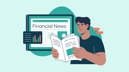 investor reading a newspaper in front of a financial news website vector illustration, consuming financial news, stock market updates and investment research