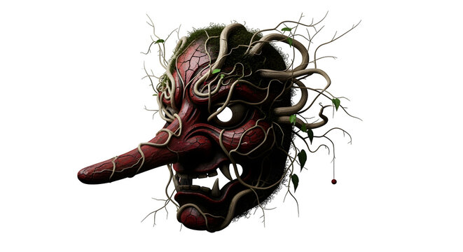 Frightening Tengu mask covered in vines, isolated on white background