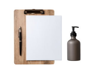 Wooden clipboard with blank paper, pen, and pump bottle