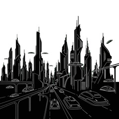 Fototapeta premium Futuristic cityscape skyline, sleek vehicles on elevated highways, flying vehicles overhead.