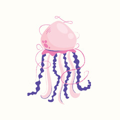 Cute Jellyfish Vector Illustration. Whimsical pink and purple sea creature with wavy tentacles. Flat design for ocean, marine life, and underwater animal concepts