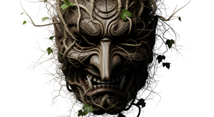 Frightening Tengu mask covered in vines, isolated on white background