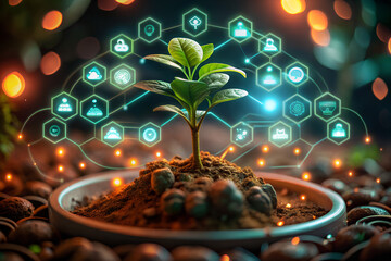 3D Modern Creative Digital Tree of Knowledge with Glowing Icons Representing Technology and Connectivity Harmony of nature and AI, young sprouting plants in fertile soil, surrounded by futuristic 