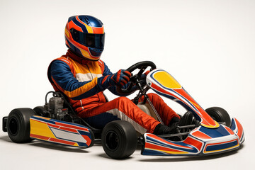 Photorealistic full-body male go-kart driver in helmet and suit seated in kart, isolated on white. Concept of motorsport training, youth racing, speed branding, competitive focus.