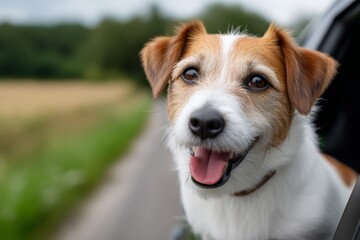 Happy dog enjoying car ride on a sunny day through the countryside
