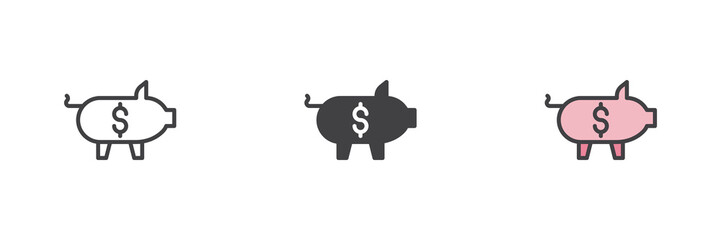 Piggy bank coin icon set in line, solid and filled outline style