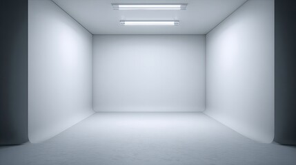 Empty white room with fluorescent lights