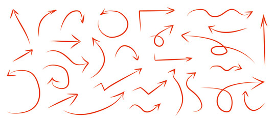 Arrows hand drawn set. Vector doodle sketch red arrow pointers different directions