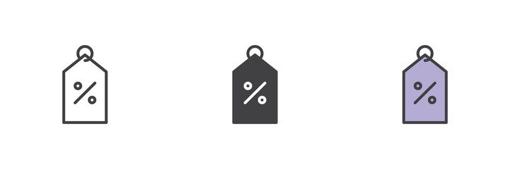 Tag percentage icon set in line, solid and filled outline style