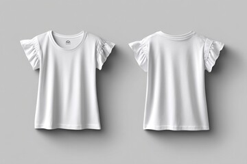 White ruffle sleeve t-shirt front and back view on gray background