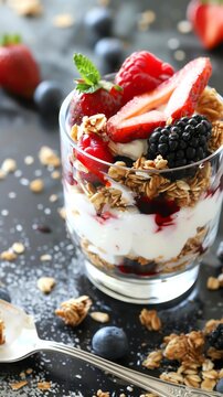 Delicious yogurt parfait with fresh berries and granola.