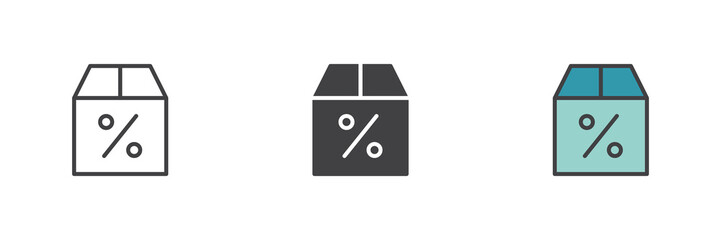 Box percent icon set in line, solid and filled outline style