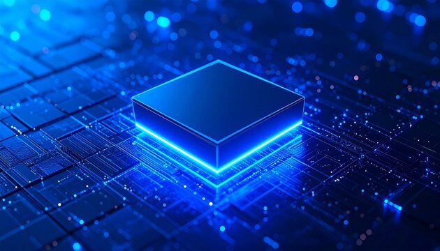 Sleek metallic circuit board with neon blue pulses, sharp futuristic details, xvid cyber aesthetic,