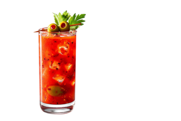 A glass of red drink with a garnish of olives and parsley