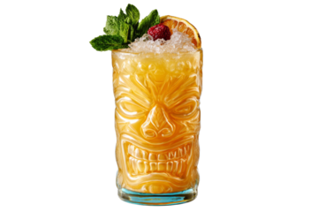 A glass of a tropical drink with a face on it