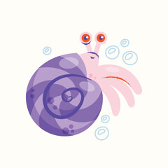 Cute Hermit Crab Vector Illustration. Sea animal with a spiral shell and smiling face. Flat illustration marine life and underwater world concept