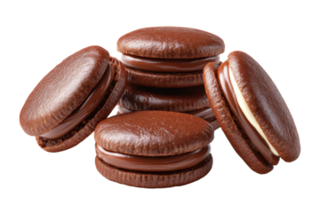 A stack of chocolate cookies with a white filling