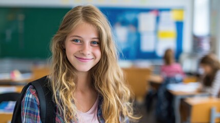 A smiling young student with a backpack, captured in soft classroom light.