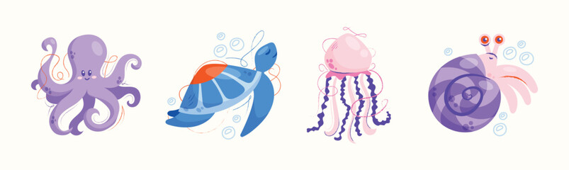 Set cartoon sea animals octopus, jellyfish, turtle, snail. Flat vector illustration marine life and underwater world concept © Olexandra Simkina