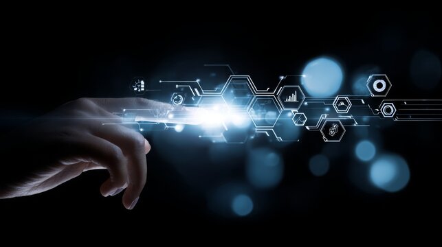A hand touching glowing digital circuit board with tech icons (charts, gears)—themes of tech innovation and data interaction.