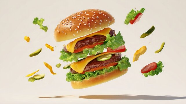 Layers of burger ingredients against white background. Artificial intelligence image