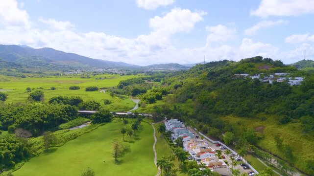 Drone footage of a Golf Course in Gurabo, Puerto Rico. Captures lush fairways, tropical scenery, and mountain views&mdash;ideal for travel, real estate, sports, and outdoor lifestyle content.