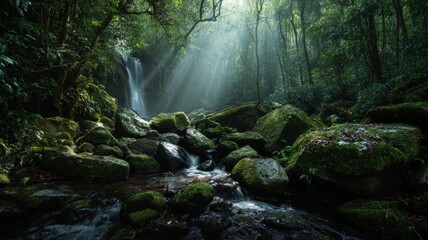 Serene forest stream with sunlit canopy. Artificial intelligence image