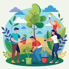 Diverse group of people planting trees and flowers together in a park