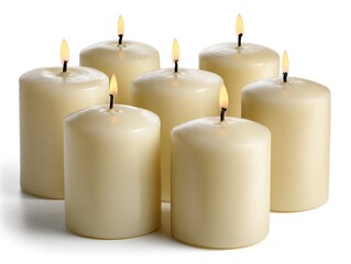 Eight cream-colored cylindrical candles arranged in a cluster, with visible flames, isolated against a white background