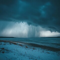 A snow storm blankets a large lake in heavy snowfall.