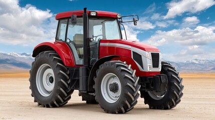 Obraz premium A vibrant red tractor sits on desert land with mountains and a cloudy sky backdrop