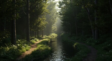 Obraz premium Sunlit Forest Path With Creek