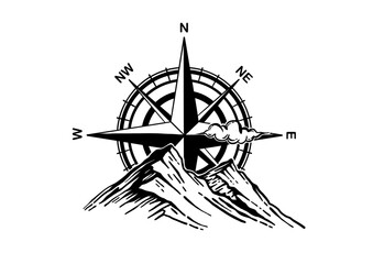 Mountain and compass hand drawn vector logo illustration