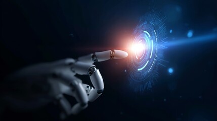 Robotic hand touching glowing circular digital interface with futuristic tech elements—AI interaction, digital innovation, smart technology themes.
