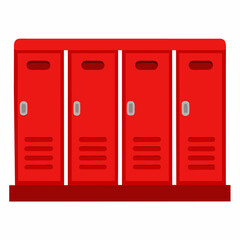 A row of four bright red metal school lockers vector on white background.