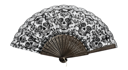 Hand fan with calavera lace patterns, isolated on white background